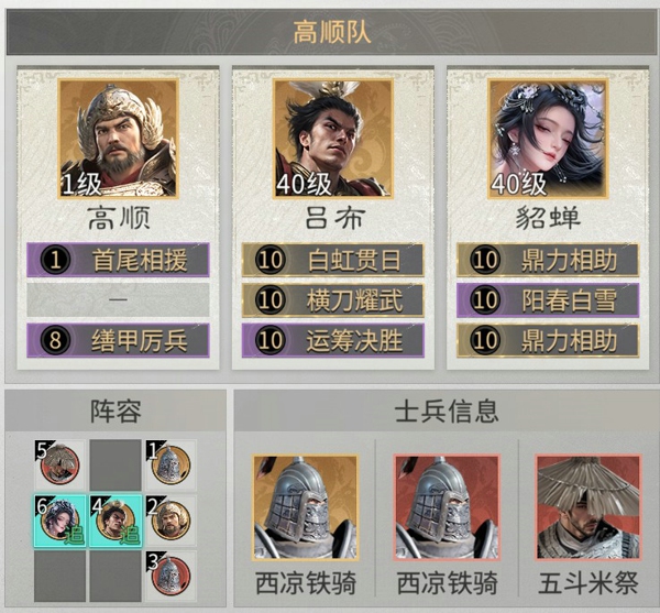 三国天下归心吕布阵容怎么搭配 三国天下归心吕布貂蝉高顺站位兵种技能详解